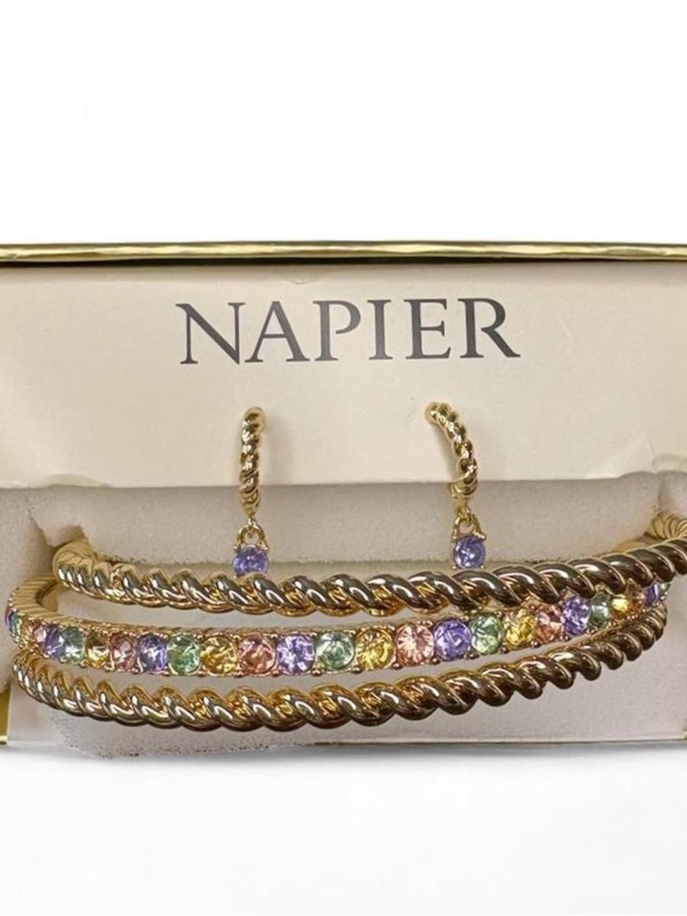 Napier Gold Tone Pastel Crystal Bangle & Earrings Set